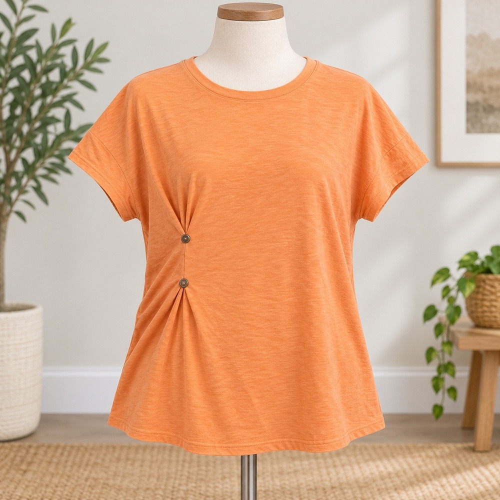 NWOT Denim & Co Top Womens LP Orange Short Sleeve Side Button Slub Knit
